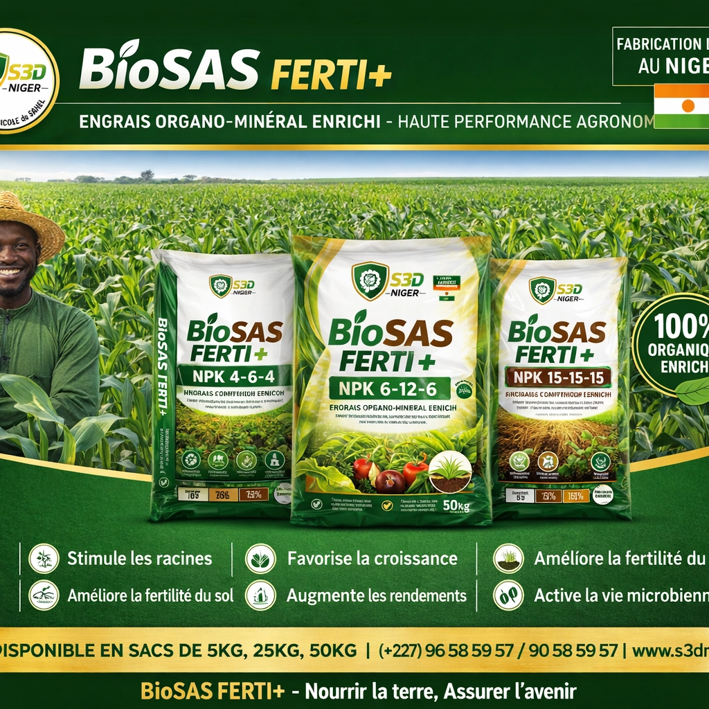 BioSAS Ferti+ — Gamme complète d'engrais organo-minéral enrichi S3D Niger